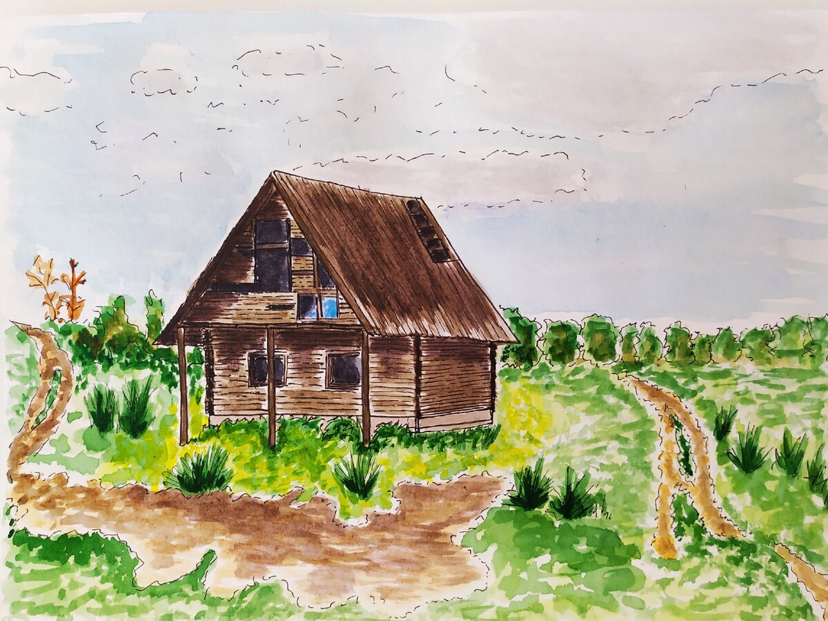 Как нарисовать дом в деревне в стиле скетча. Пошаговая инструкция | ПЕРВЫЙ  ШТРИХ | Дзен