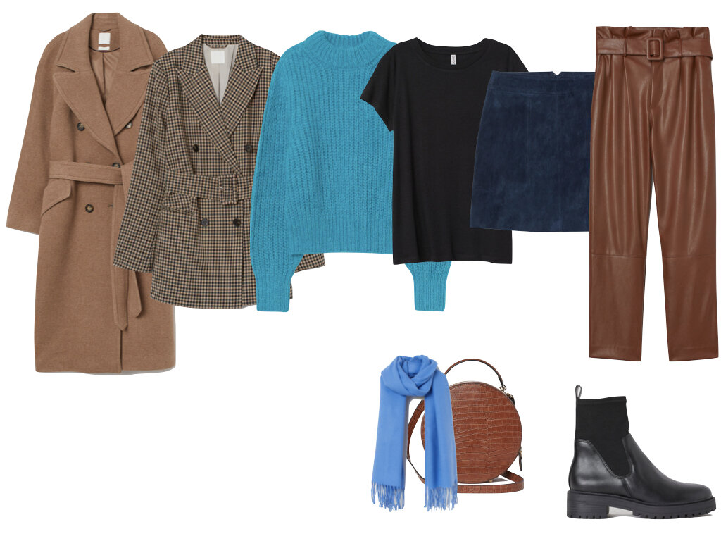 Пальто: 6 999 руб., жакет: 3 499 руб., свитер: 3 999 руб., футболка: 399 руб., юбка: 3 999 руб., брюки 2 299 руб., ботинки: 3 299 руб., сумка: 1 899 руб., шарф: 799 руб.