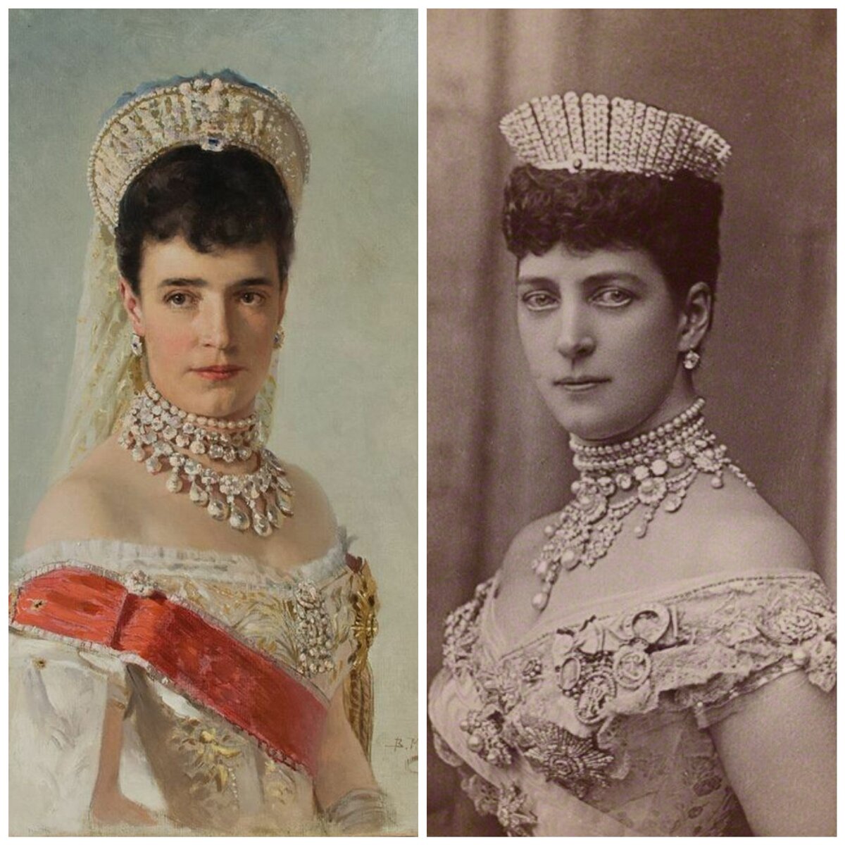 Сестры Мария Федоровна и Александра Английская в бриллиантовых кокошниках
