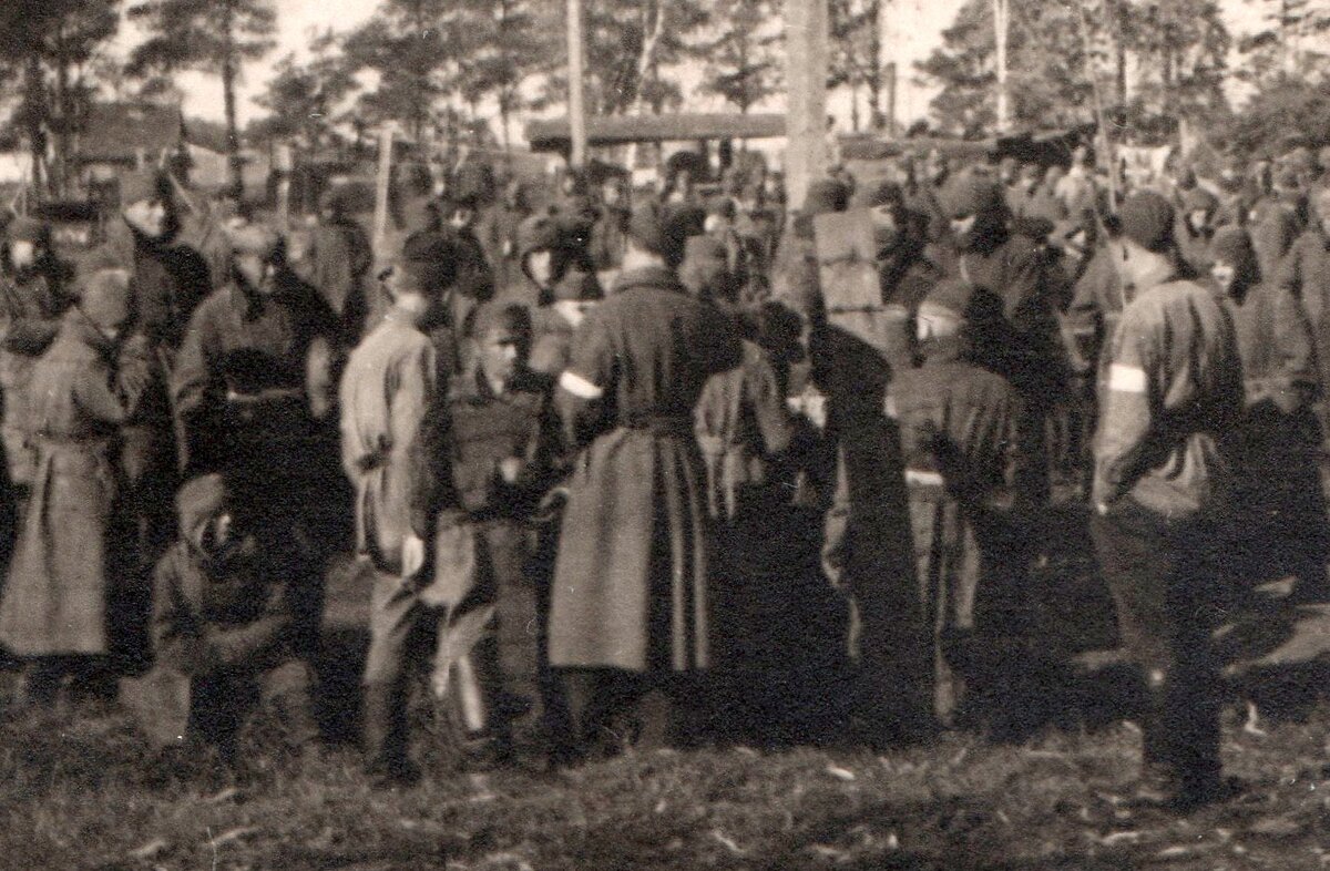 Судя по одежде пленных ночи уже холодные  - воротники подняты, пилотки вывернуты. Перед пленным стоит человек в шинели и парочка в гимнастерках. На левой руке белые повязки. Посмотрите на фигуру слева -по моему это "тюркишьфольк". Даже на нечеткой фотографии  видно отвращение у него на лице, а высокий слева лукаво лыбится. Солдаты по эту сторону колючки, скорее всего хиви или какие-нибудь екашники. Сапоги начищены до блеска, пилотка молодцевато сбоку. 