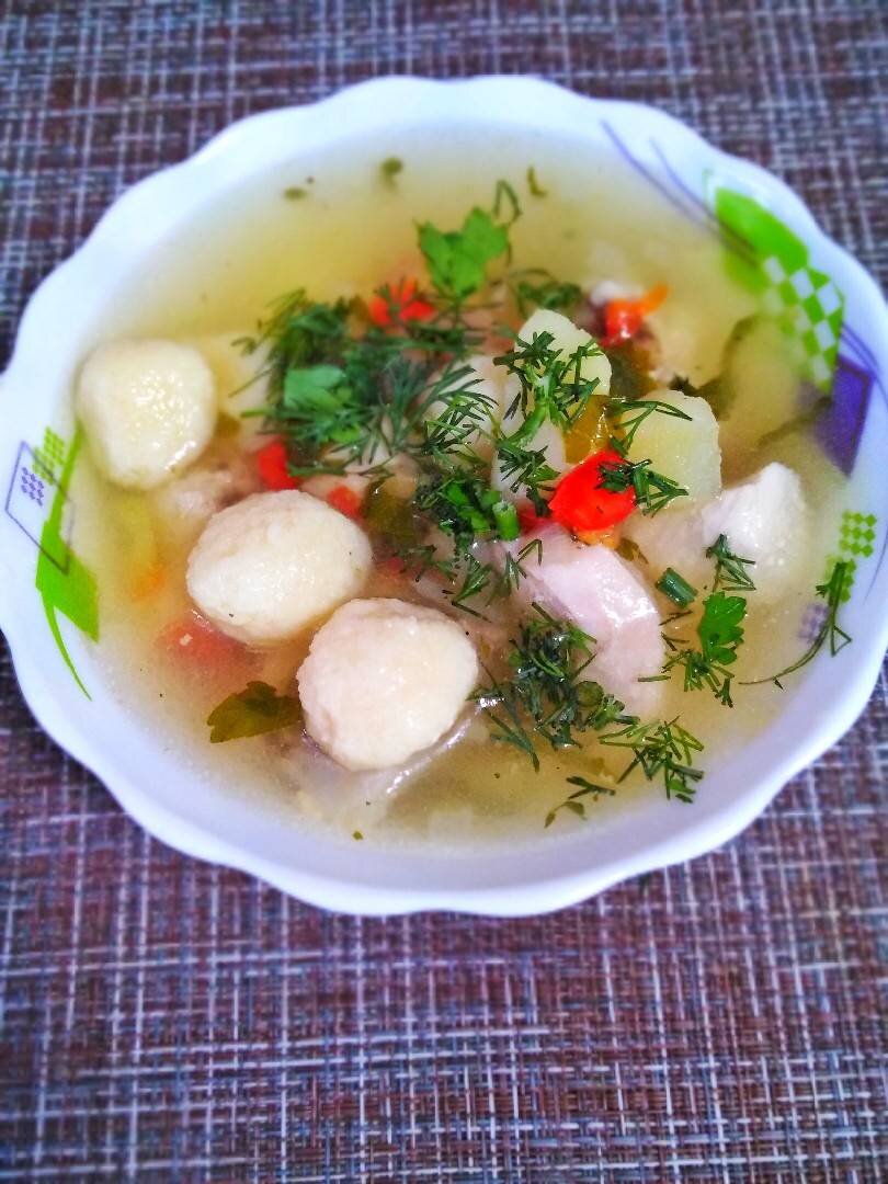 Рецепт Суп картофельный с галушками. Калорийность, химический состав и пищевая ценность.