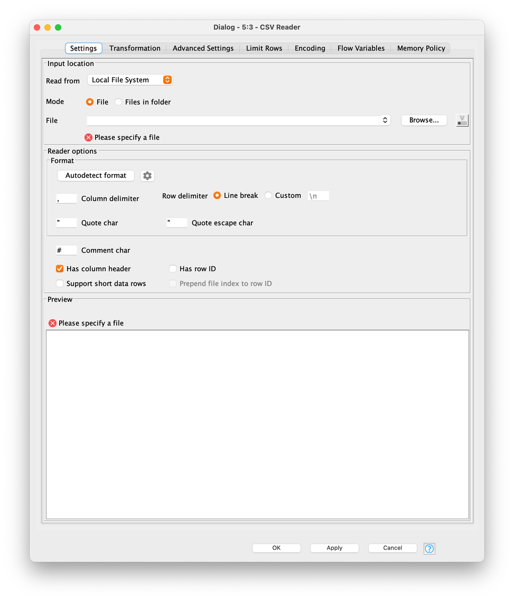 Настройки ноды чтения CSV файла.
