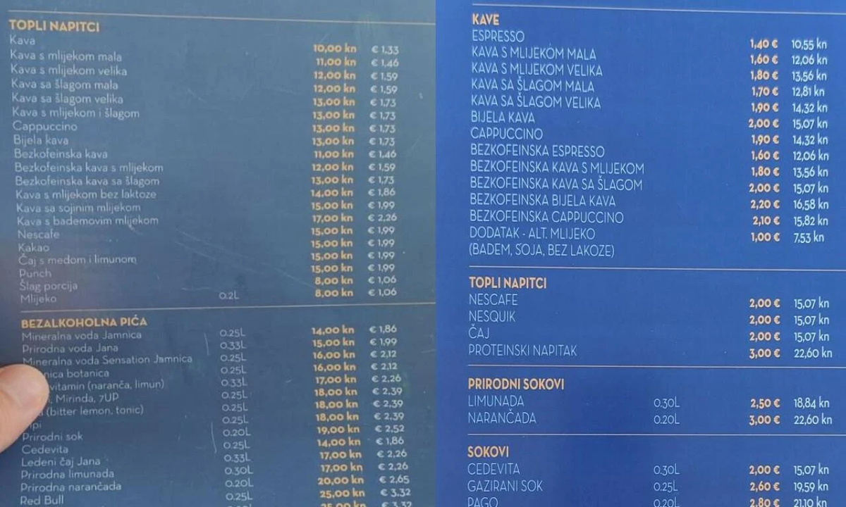 Меню в кафе - цены в кунах и евро