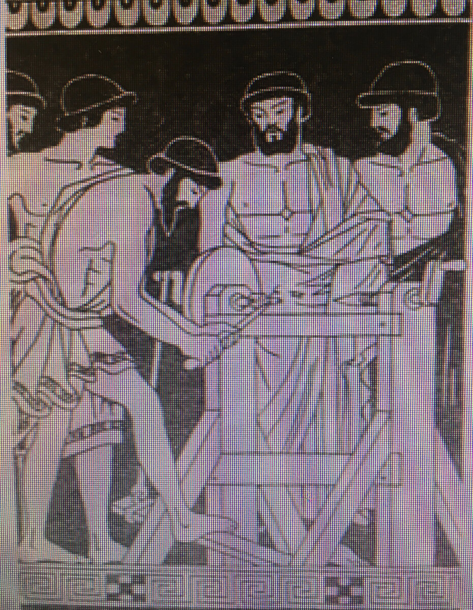 На рисунке греческого мастера Феодора момент работы за токарным станком 