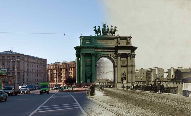 Справа дом № 6 по Нарвской пл.  (Фото: проект «Воспоминания о настоящем». Фотоколлаж Т. Лазаренко и Г. Семенова)
