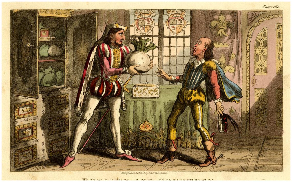 Раскрашенный вручную офорт короля и его репы (1819 г.). © Попечители Британского музея , CC BY-SA