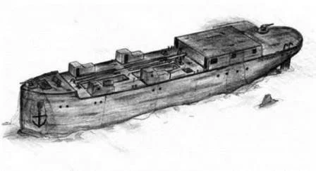 Примерный рисунок лежащего на грунте "Т-511" (бывший лихтер «Червонный казак»)