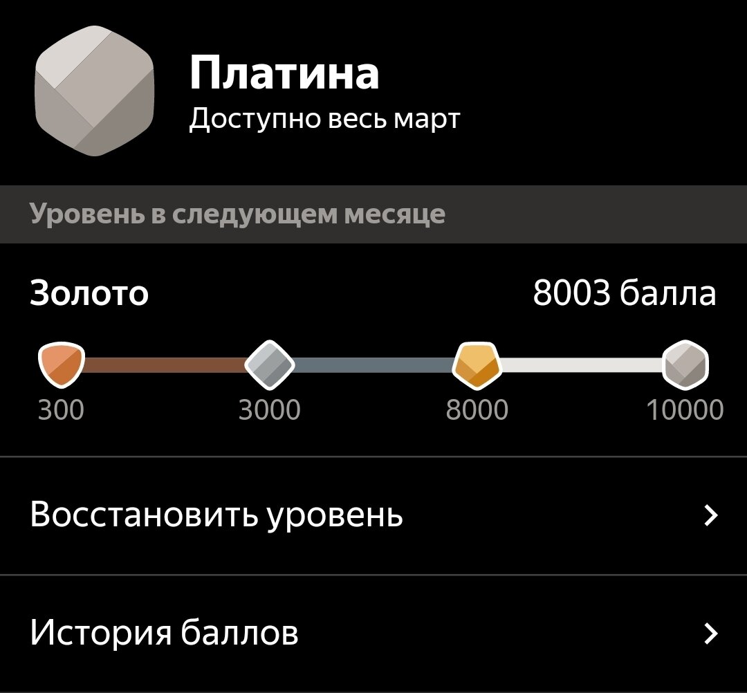К 23 марта у меня уже было 8003 балла. Но целью является получить платину и собрать 10000 баллов. Как вы помните, у нас в городе за каждый заказ в комфорте дают 20 баллов, а за комфорт+ 25.