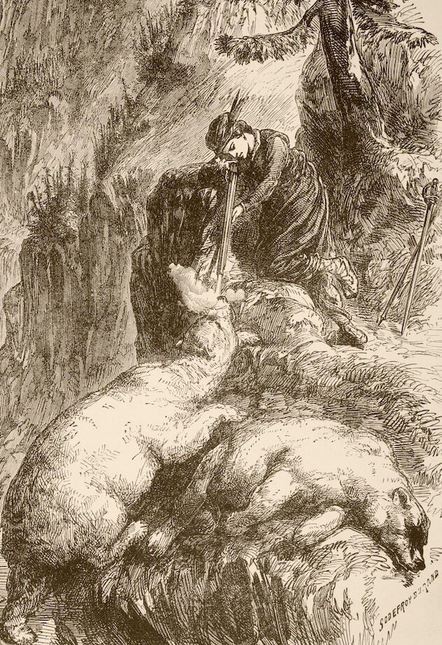 Иллюстрация на которой Маргарита де ла Рок стреляет в медведей.