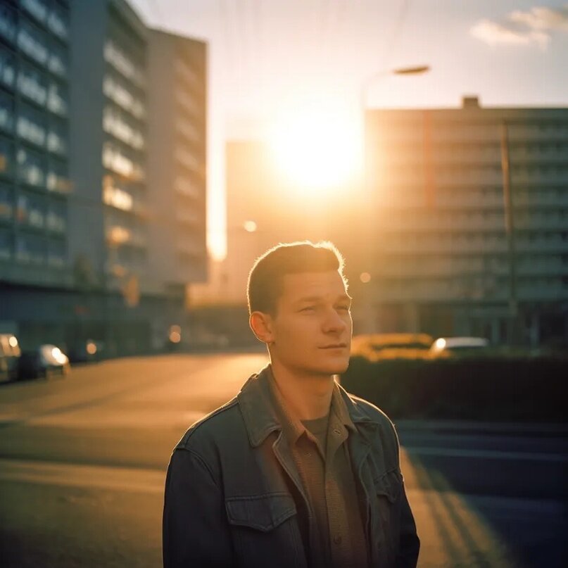 retro style photo of a man, shot on agfa vista 200, sunrise --v 5