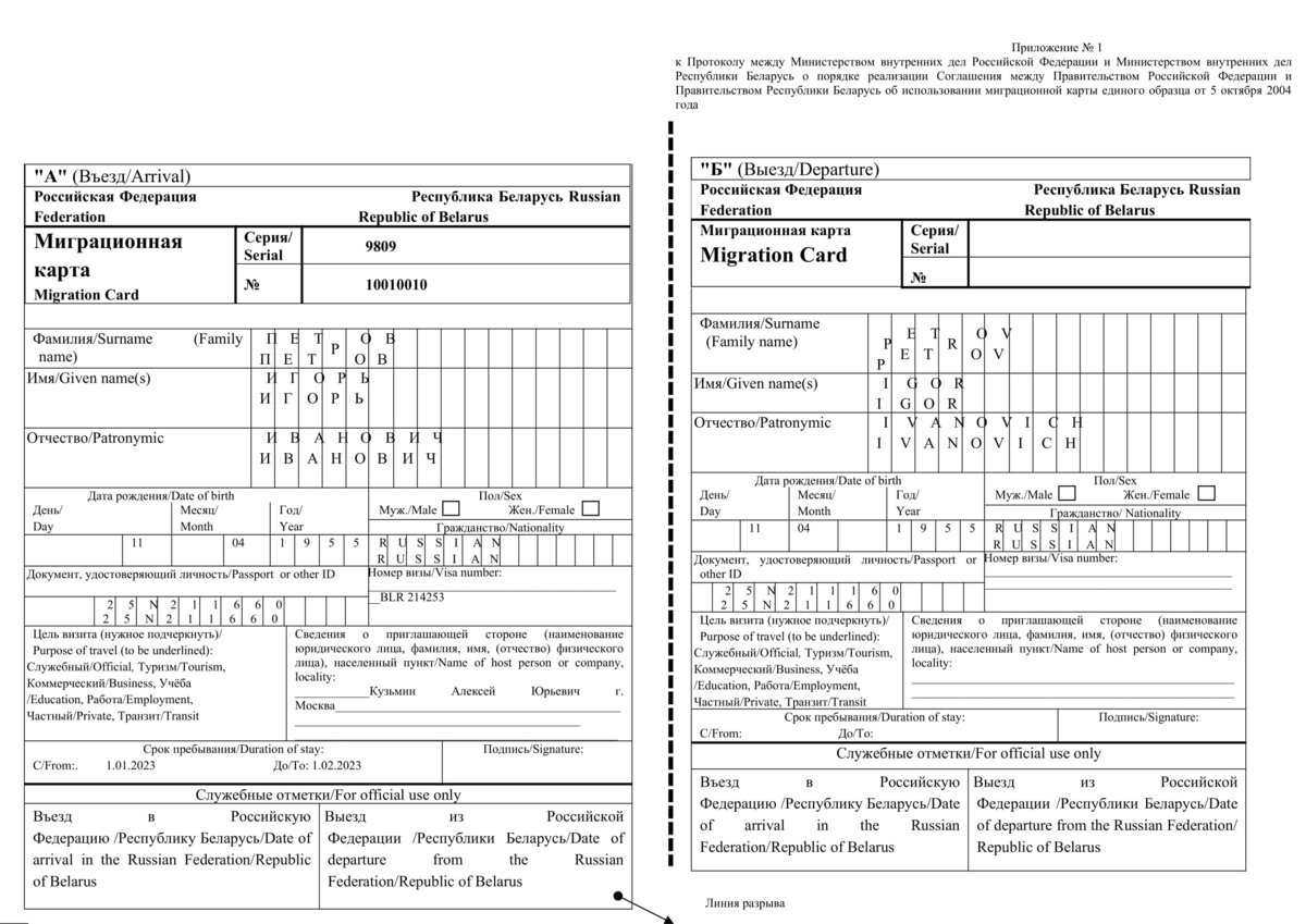 Миграционная карта цель въезда частная