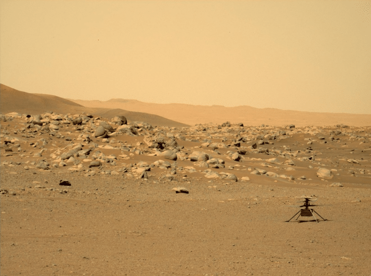    В правом нижнем углу фотографии, сделанной марсоходом Perseverance, находится дрон Ingenuity  / ©NASA/JPL-Caltech/ASU/MSSS