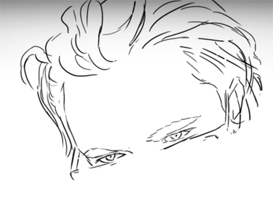 Простым карандашом рисуем верхнюю часть головы и лица. Выводим пряди волос. Лоб большой, прищуренные глаза смотрят из-под очков. Взгляд острый. Брови широкие, низко посаженые.
