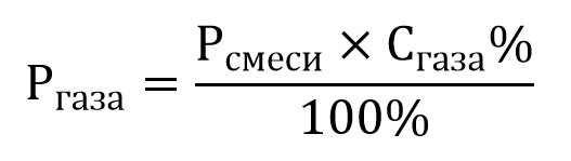 Pгаза - парциальное давление. Рсмеси - давление той смеси, из которой мы хотим высчитать давление конкретного газа, Сгаза% - процентное содержание искомого газа в смеси