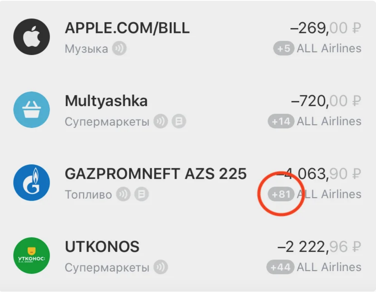 Пример начисления миль в Тинькофф ALL Airlines