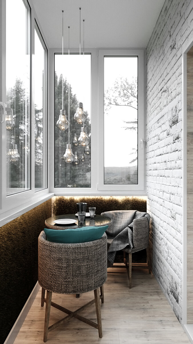 Стены отделаны декоративным камнем. А периметр балкона мягким материалом похожим на траву. 
Вдоль идёт приятная подсветка