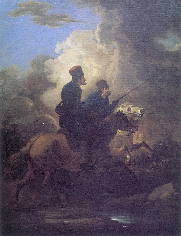 Два казака на коне. Худ. А. О. Орловский, 1810-е гг. (?)
