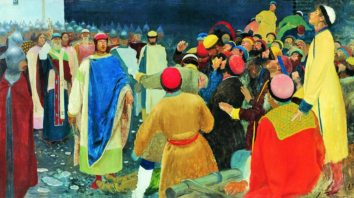 Андрей Рябушкин. Князь Глеб Святославович убивает волхва на Новгородском вече (Княжий суд). Картина 1898 г. (здесь и дальше фото из открытых источников).