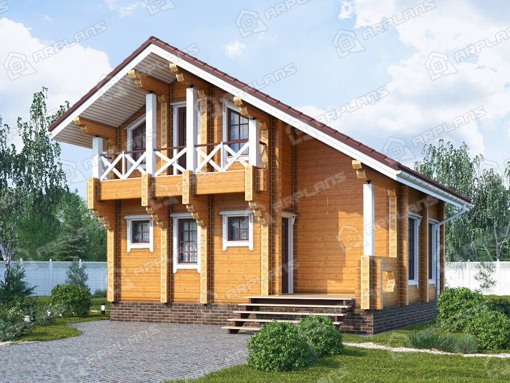 Фото 1 двухэтажной бани из бруса с мансардой, 3 комнатами отдыха, балконом, бассейном и террасой. Площадь 80 кв м. Источник arplans.ru Проект Б-079