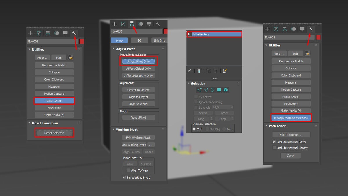 Reset XForm, Pivot Cneter, Editable Poly, Bitmap/Photometric Paths