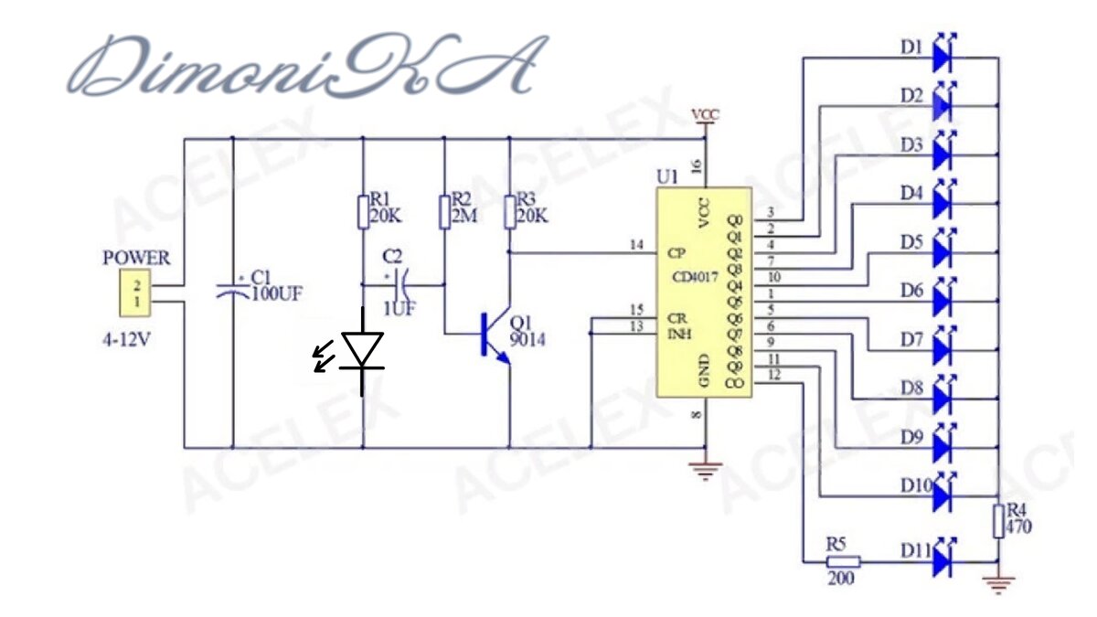 Схема бегущих огней на микросхеме CD4017