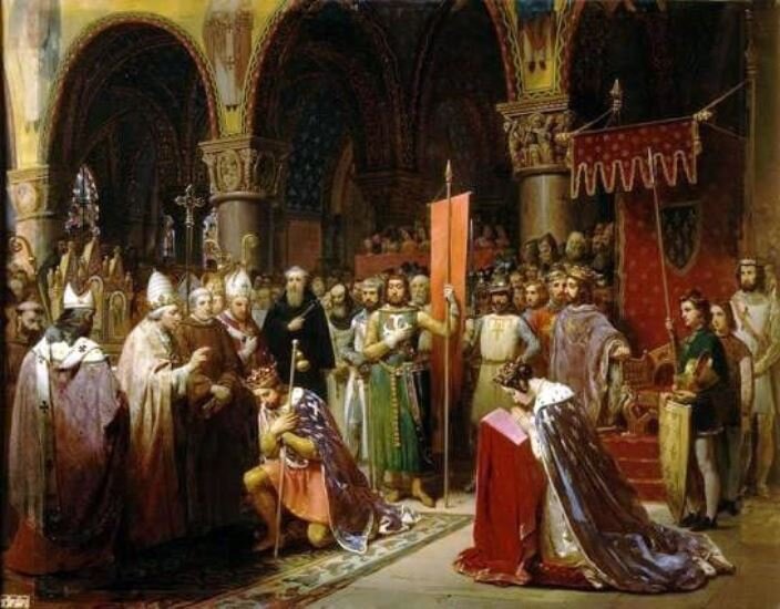 Людовик VII на коленях под сенью орифламмы.