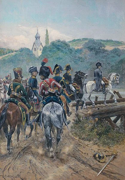 Наполеон переходит мост на остров Лобау во время войны Пятой коалиции, 1809 год, масляная краска по дереву, Ричард Кейтон Вудвилл-младший, 1912 год. 
Тейт, Лондон.