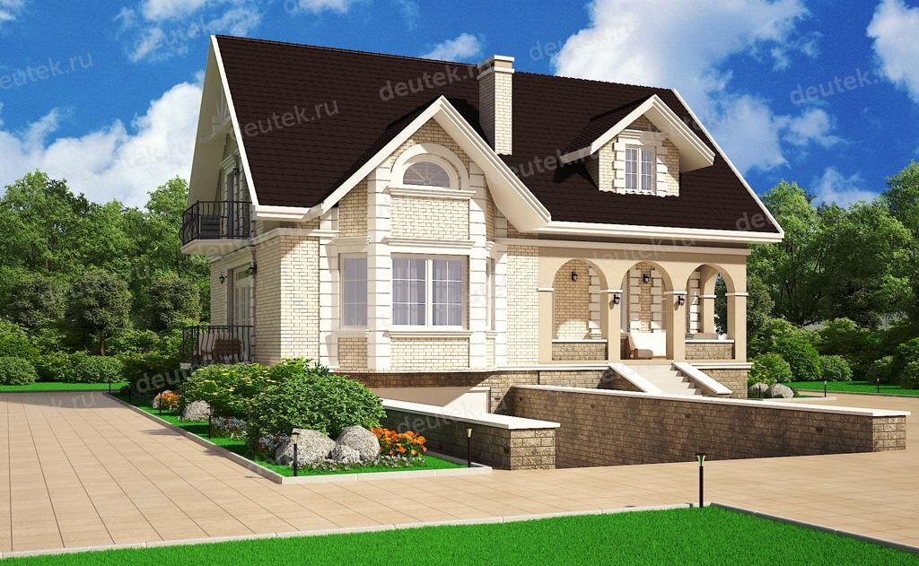 Проект дома 255 м2 из кирпича с цокольным этажом, гаражом, кабинетом и террасой - DT0292