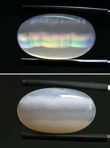 Кабошон из ирисового агата: На двух фотографиях выше показан кабошон из ирисового агата в проходящем (вверху) и отраженном (внизу) свете