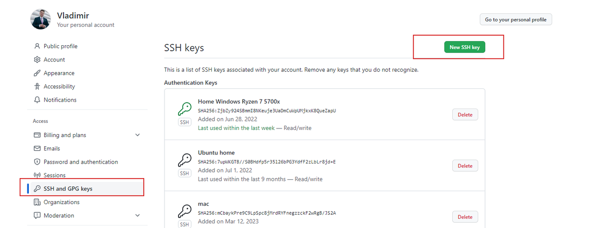 Где добавлять новый SSH на GitHub