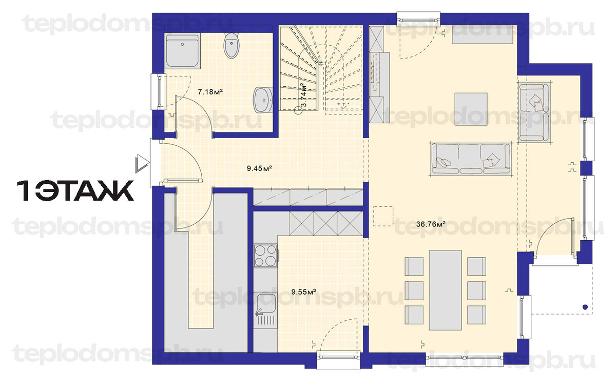Эскизный план 1 этажа дома из газобетона D500 375мм. 
