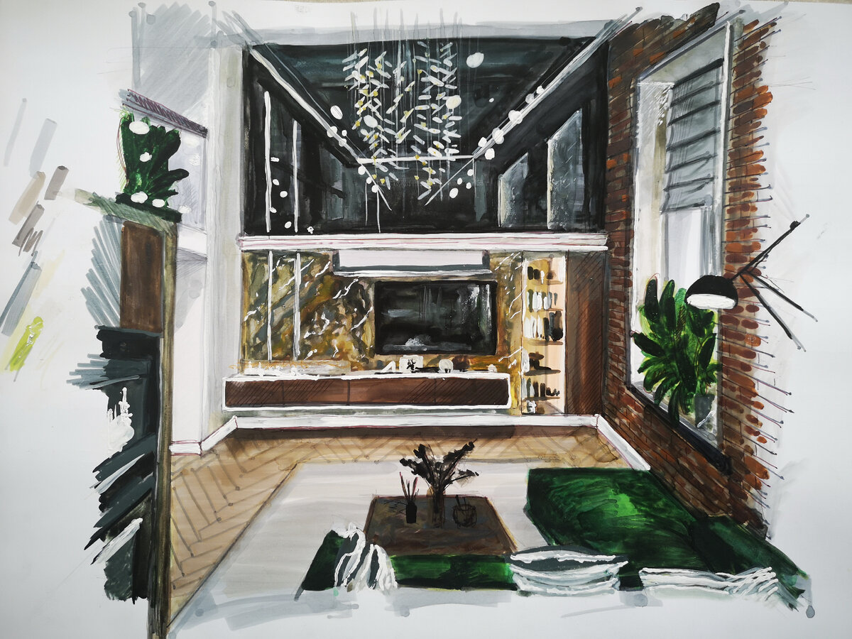 Гостиная эскиз красками. Дизайнер Александр Акимов.  "ULER ВСЁ О ДИЗАЙНЕ ИНТЕРЬЕРА"