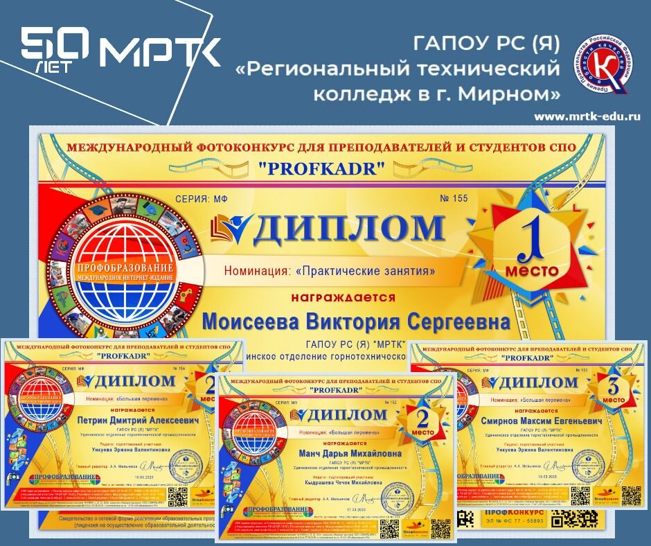 Студенты «Удачнинского отделения горнотехнической промышленности» - победители и призёры Международного фотоконкурса "PROFKADR".