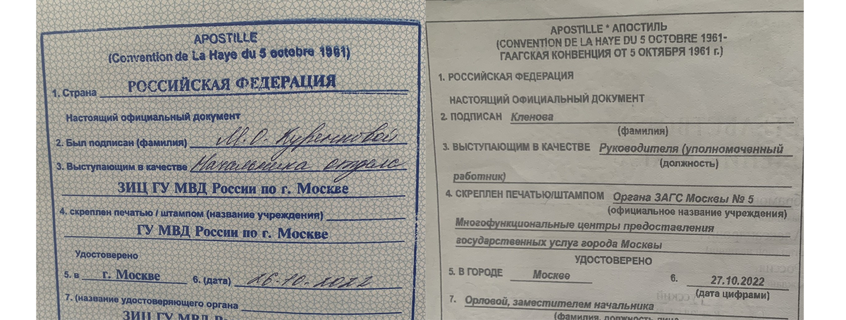 Апостили с наших документов: на справку о несудимости штамп поставило МВД, на свидетельство о рождении – ЗАГС