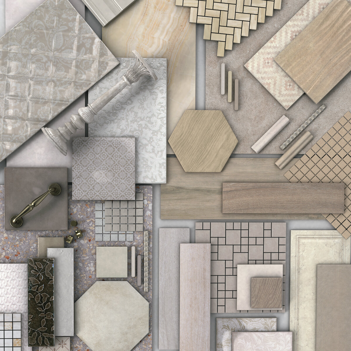 Сочетание материалов от KERAMA MARAZZI - плитка, керамогранит, мозаика, декоры.