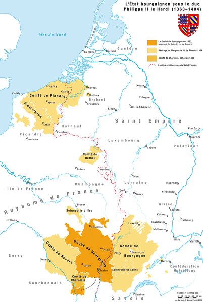 Владения Бургундского дома при Филиппе Смелом. Часть земель под сюзеренитетом Франции, часть - имперская