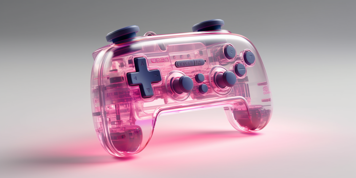 Game boy controller, neon color, pink and white gradient, translucent molten body, glossy, designed by Dieter Rams, high detail, fine luster, 3D render, C4D, 8k, white background, studio lighting --ar 2:1