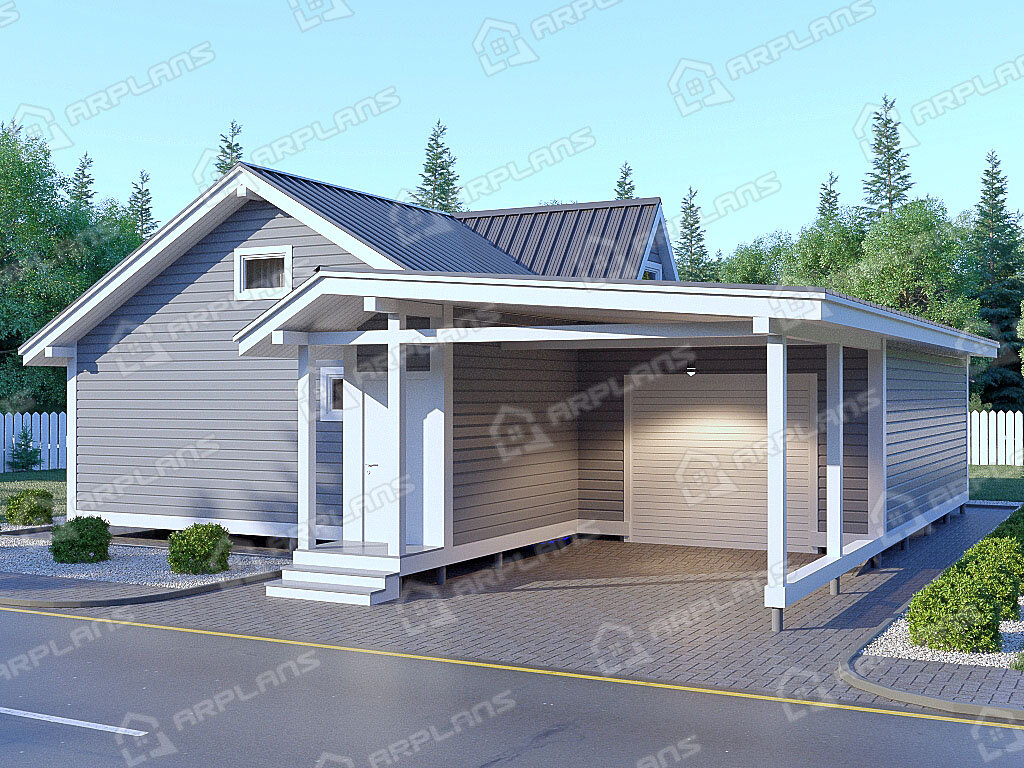 Фото 1 одноэтажного каркасного дома с 2 спальнями и гаражом. Общая площадь до 150(118) кв м. Источник arplans.ru Проект И-023
