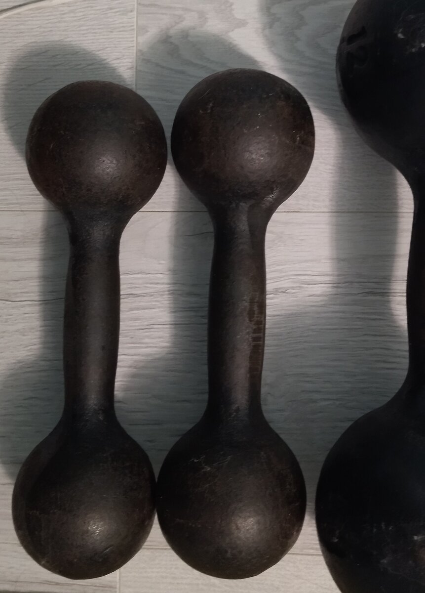 Пара 4-х килограммовых гантелей 42-х летней давности. Они и сейчас не лишние:) 