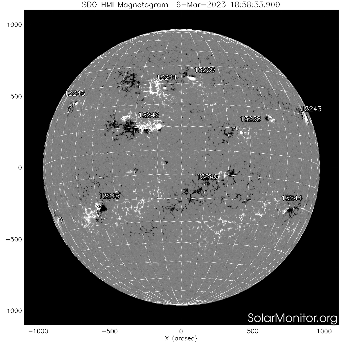 Магнитограмма Солнца 6 марта 2023 (SDO). 