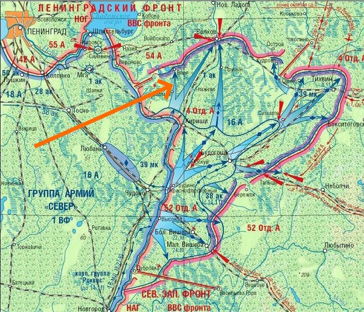 Так можно увидеть начало немецкого наступления на Влою на общей карте Тихвинской оборонительной операции.