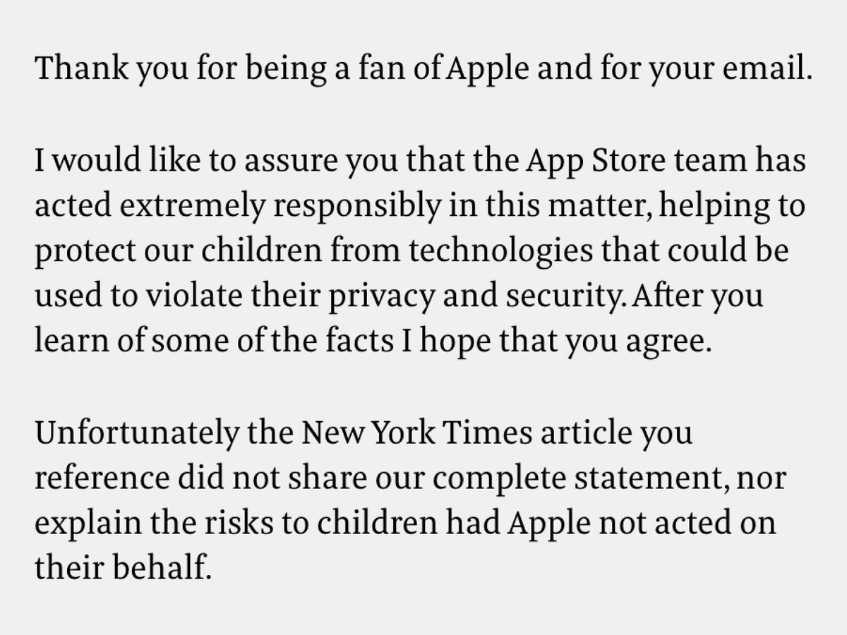 Тот самый ответ Фила Шиллера, старшего вице-президента по маркетингу, на запрос об удалении скринтайм-приложений
Скриншот: Fast Company & Inc / Skillbox Media