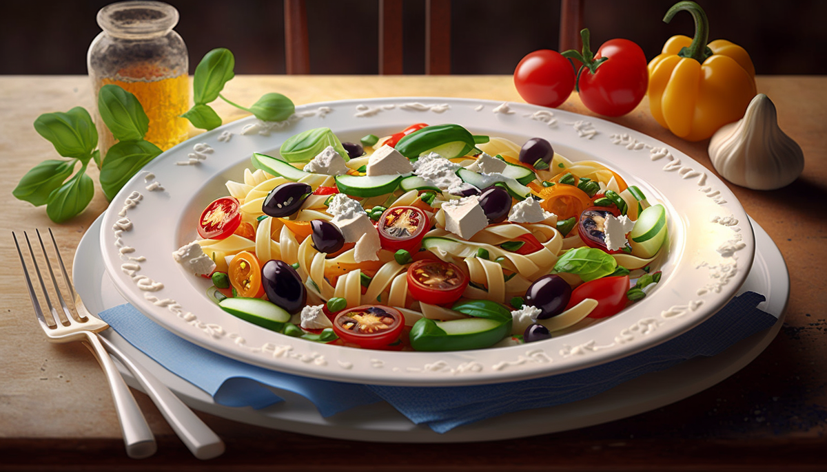 Простой и вкусный рецепт салата из макарон, болгарского перца, огурца, помидоров черри, оливок и сыра Фета