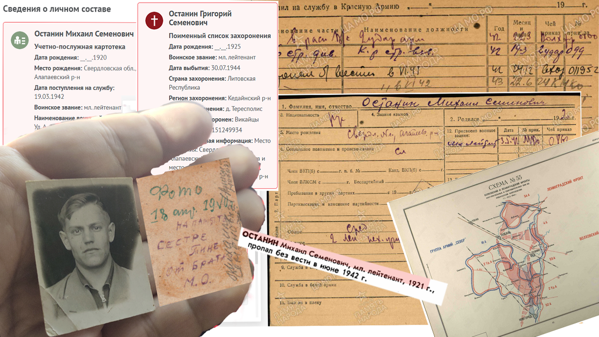 Фотография Михаила Семёновича Останина, с которой началась эта история. Документы, которые нашла, карта боёв за Ленинград, в которых участвовал Михаил. Подписывайтесь на канал и ставьте лайки - этим вы помогаете каналу развиваться.