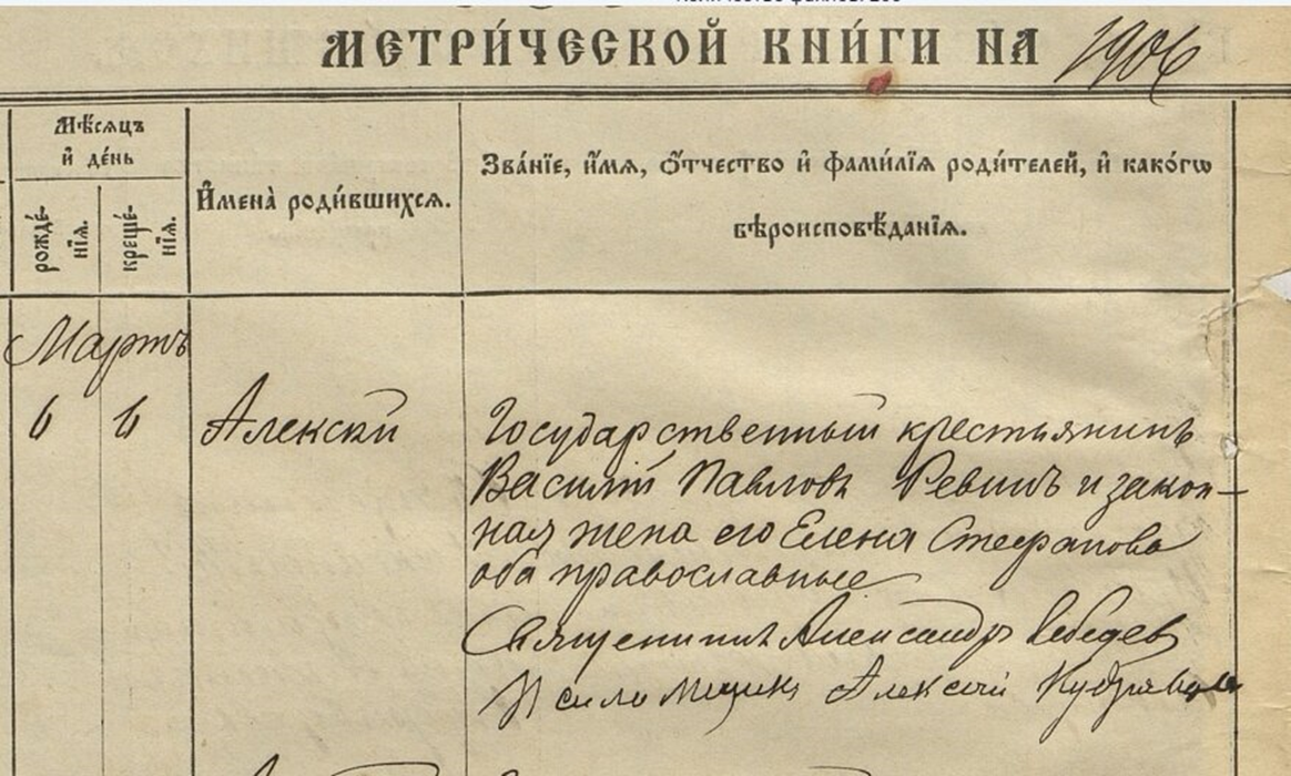Метрика о рождении Ревина Алексея Васильевича