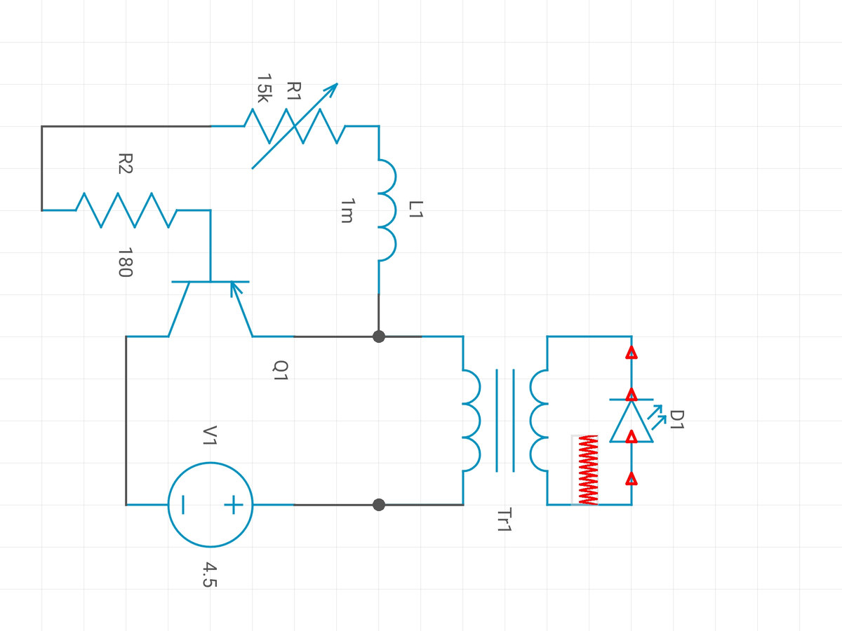 Как видно это та же схема что и выше, только с источником питания не от сети, а от батарейки.  Чтобы настроить на определение замыкание катушки. Необходимо сделать из любого медного провода кольцо и ввести в кольцо стержень феррита на котором намотаны по схеме трансформаторные и дроссельные катушки. С помощью сопротивления настраивают срыв генерации. Стоит вывести из замкнутого кольца феррит, как генератор будет снова работать. На этом настройка завершена. Можно пользоваться.