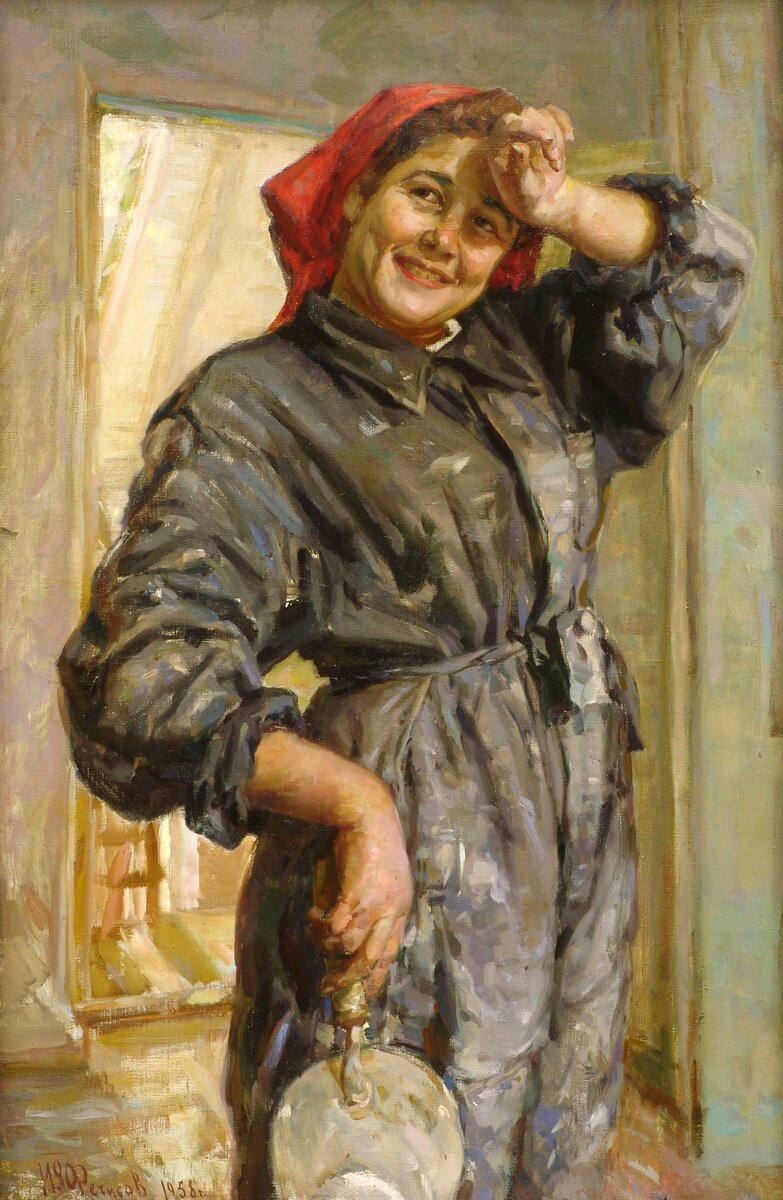 "Строительница" 1958 г. художник Иван Фетисов