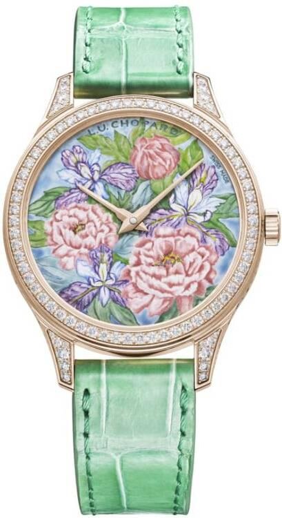 Часы Chopard L.U.C XP в 35 мм корпусе из розового золота с бриллиантами по безелю. Циферблат с узором в виде пионов и ирисов