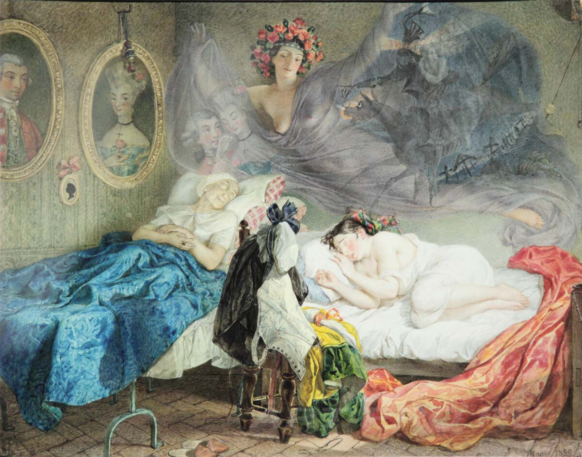 Здравствуйте. Хотите провести эксперимент? Сделаем быстро и сходу фантазийный нефрейдовский психоанализ прекрасной картины Карла Павловича Брюллова «Сон бабушки и внучки», 1829.