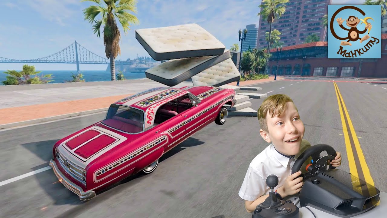 Дети и Машина. Даня играет в BeamNG Drive - Машины против Матрасов. Манкиту